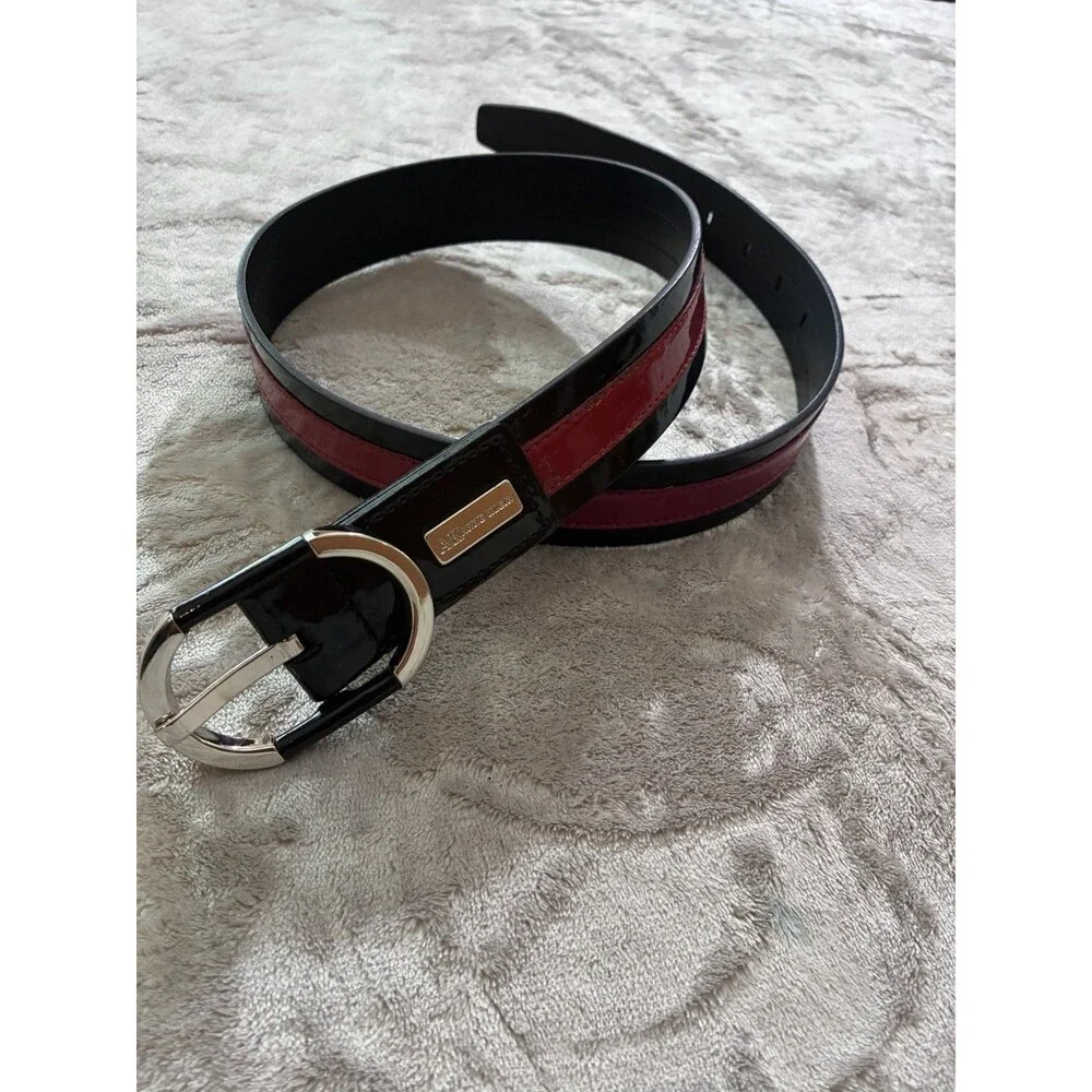 Vtg Anne Klein AK Calderon Red  /Black Patient Leather Belt Women's